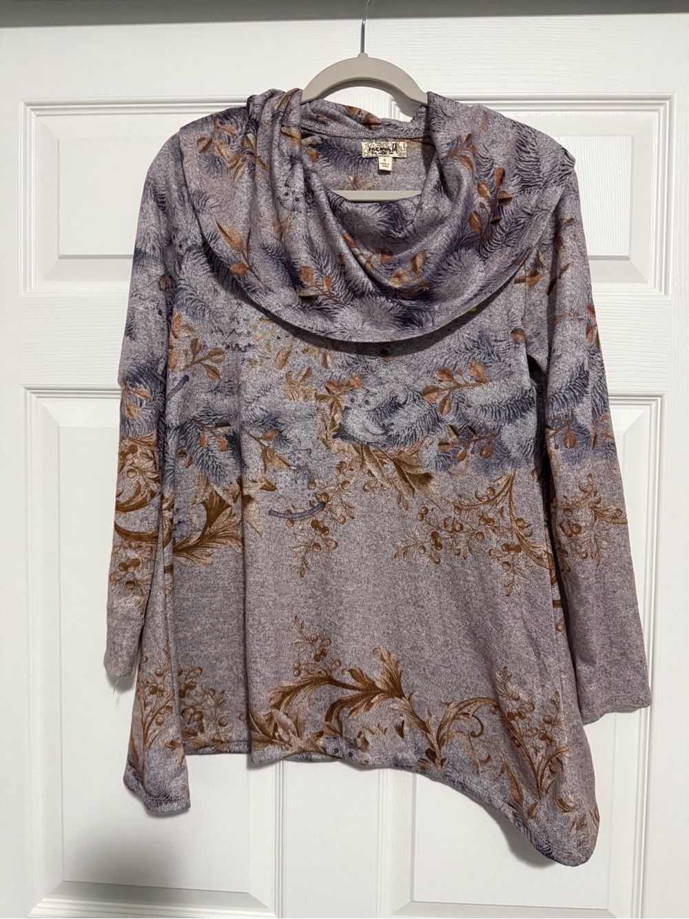 One World Owl Woodland cowl neck tunic top gray brown S